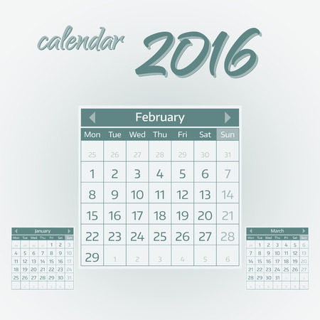 February 2016. Simple european calendar for 2016 year one month grid. Vector illustration.のイラスト素材