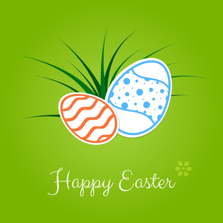 Easter card with colorfull eggs with patterns and green grass on green backgroundのイラスト素材