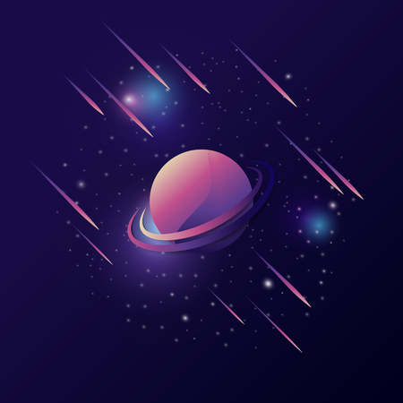 Universe, space with colorful planet and meteor above dark sky, galaxy and stars.のイラスト素材