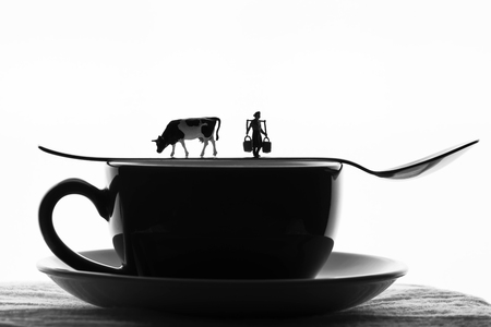 miniature woman and cow on a spoon on a cafÃ© au laitの写真素材