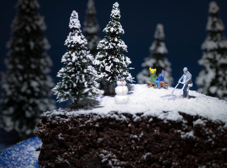 miniature people on a chocolate cake winter landscapeの写真素材
