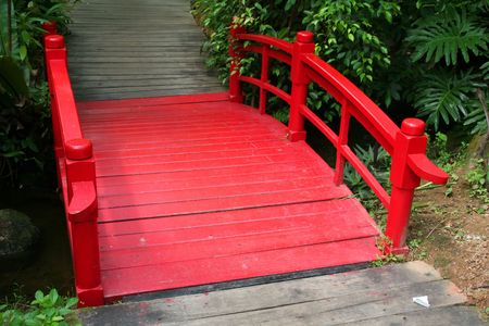 Traditional red chinese bridgeの写真素材
