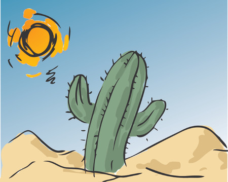 Illustration of a cactus in the desert, with the sun scorching downのイラスト素材