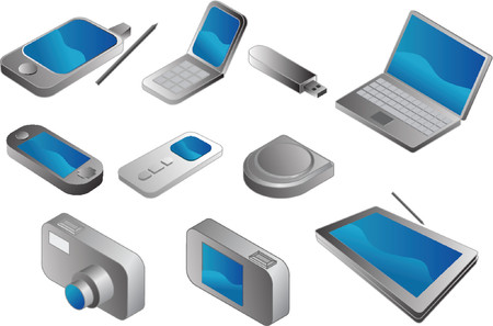 Electronic gadgets, vector clipart isometric style: pda phone, clamshell cellphone, usb pendrive, notebook, portable game player, mp3 player, cd player, digital camera, tablet pcのイラスト素材