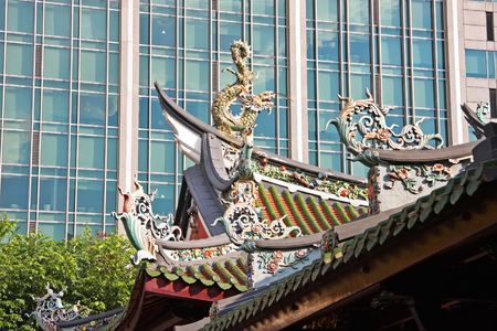 Rooftop of traditional chinese temple against modern building