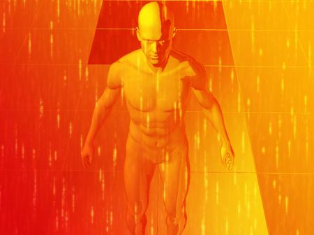 A man surrounded by energy and information, illustration