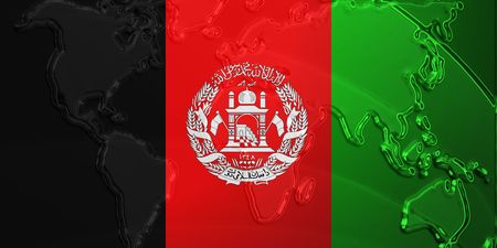 Flag of Afghanistan, national country symbol illustration with world map, metallic embossed lookの写真素材