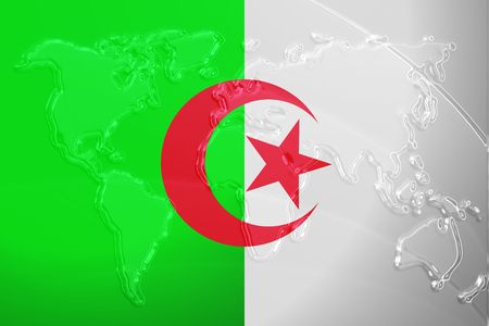 Flag of Algeria, national country symbol illustration with world map, metallic embossed lookの写真素材
