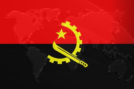 Flag of Angola , national country symbol illustration with world map, metallic embossed lookの写真素材