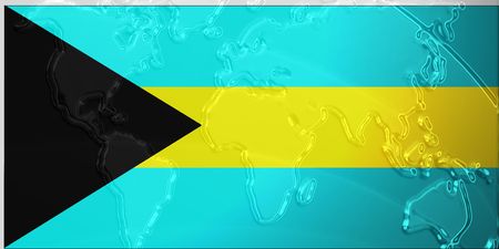 Flag of Bahamas, national country symbol illustration with world map, metallic embossed lookの写真素材
