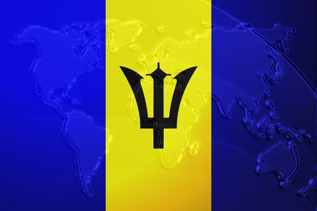 Flag of Barbados, national symbol illustration clipart with world map, metallic embossed lookの写真素材