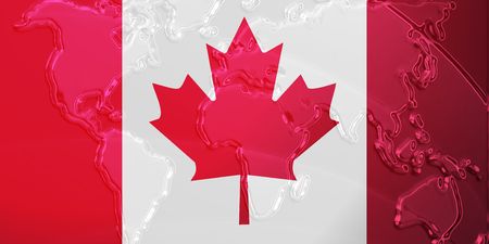Flag of Canada, national country symbol illustration with world map, metallic embossed lookの写真素材