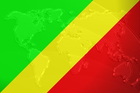 Flag of Congo, national country symbol illustration with world map, metallic embossed lookの写真素材
