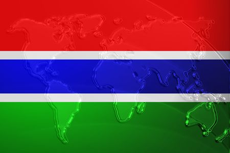Flag of Gambia, national country symbol illustration with world map, metallic embossed lookの写真素材