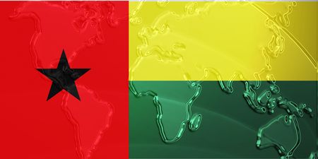 Flag of Guinea Bissau, national country symbol illustration with world map, metallic embossed lookの写真素材