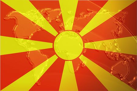 Flag of Macedonia, national country symbol illustration with world map, metallic embossed lookの写真素材
