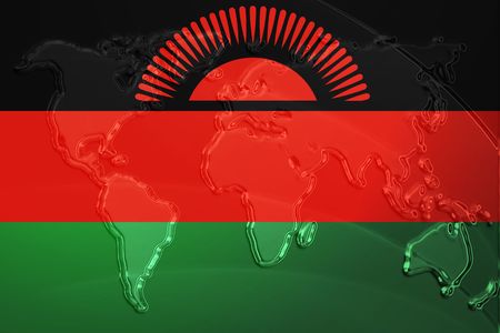 Flag of Malawi, national country symbol illustration with world map, metallic embossed lookの写真素材