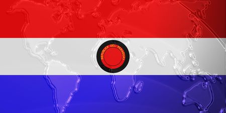 Flag of Paraguay, national country symbol illustration with world map, metallic embossed lookの写真素材