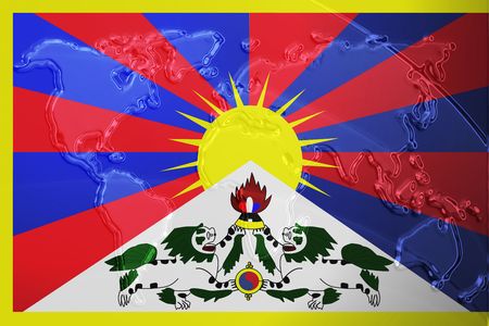 Flag of Tibet, national symbol illustration clipart with world map, metallic embossed lookの写真素材