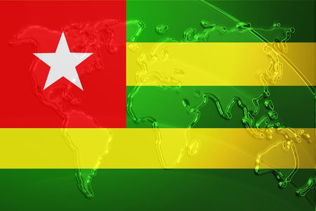 Flag of Togo, national country symbol illustration with world map, metallic embossed lookの写真素材