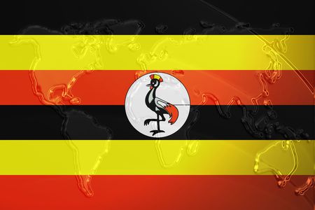 Flag of Uganda, national country symbol illustration with world map, metallic embossed lookの写真素材
