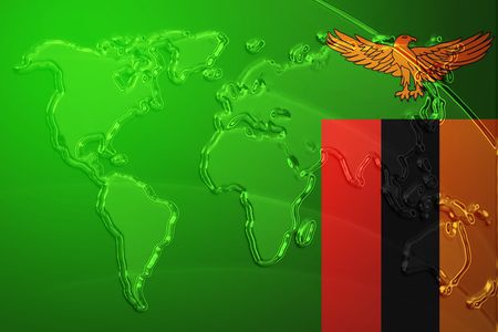 Flag of Zambia, national country symbol illustration with world map, metallic embossed lookの写真素材