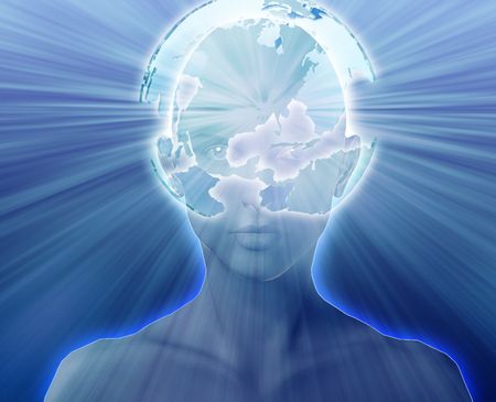 Woman thinking about global international issues, floating over headの写真素材