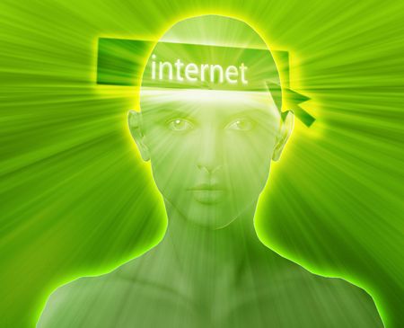 Woman thinking about internet clicking,floating over headの写真素材