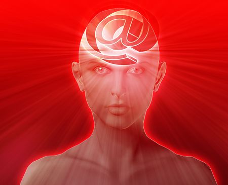 Woman thinking about at internet symbol, floating on her headの写真素材