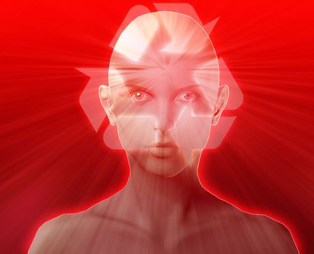 Woman thinking about recycling environment, floating over headの写真素材