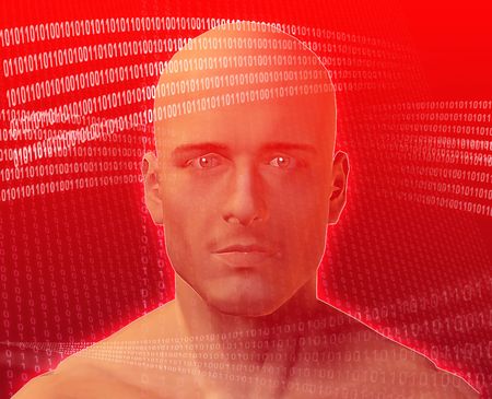 A man's face, surrounded by digital informationの写真素材