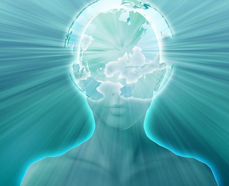 Woman thinking about global international issues, floating over headの写真素材