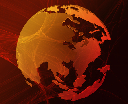 Data transfer over a 3d globe of the world Asia orangeのeditorial素材