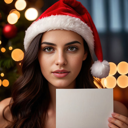 christmas, x-mas, winter, happiness concept - smiling woman in santa helper hat with blank paper sheetの素材