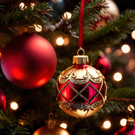 Christmas tree decorated with baubles and garland lights on backgroundの素材