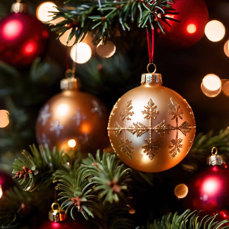 Beautiful Christmas decorations hanging on a christmas tree with bokeh backgroundの素材