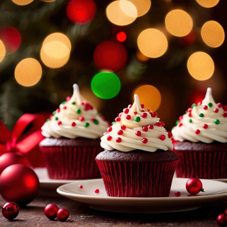 Christmas cupcakes with red and white frosting and christmas decorationの素材