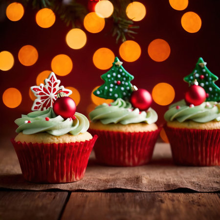 Christmas cupcakes with decorations on wooden table with bokeh backgroundの素材