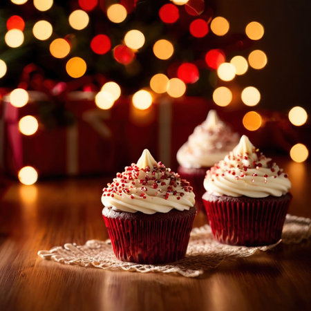Red velvet cupcakes with red buttercream frosting and christmas lights in the backgroundの素材