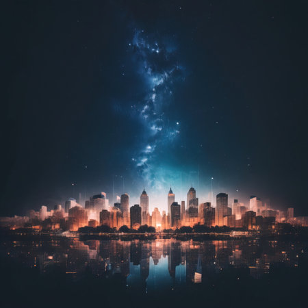 Cityscape with skyscrapers and bright lightning on the night skyの素材