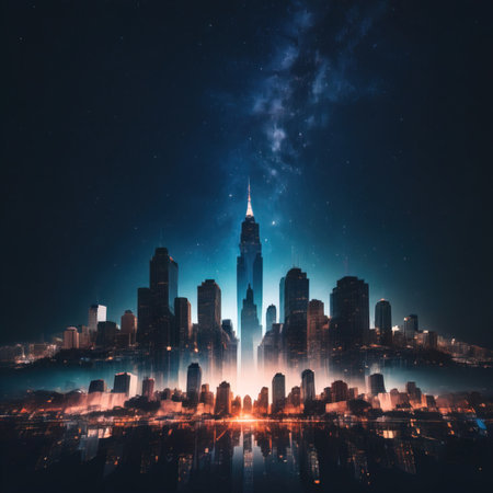 Cityscape with skyscrapers and starry sky. 3d renderingの素材