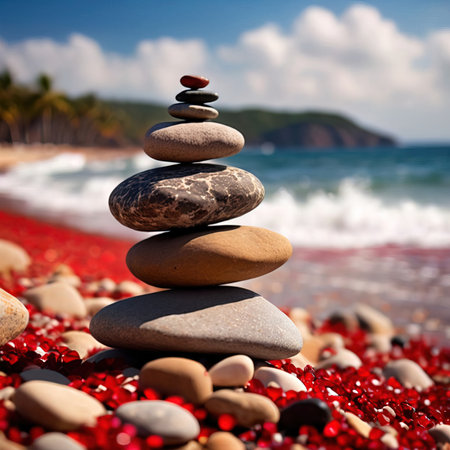 Pile of zen stones on the beach. Zen concept.の素材