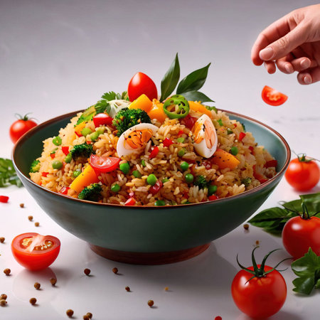 Fried rice with vegetables and chicken in a bowl on a white backgroundの素材