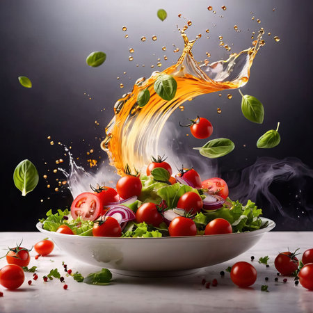 Fresh vegetable salad with tomato, onion and olive oil splashes on dark backgroundの素材