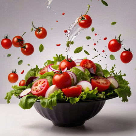 Fresh vegetable salad with flying cherry tomatoes and radishes on white backgroundの素材