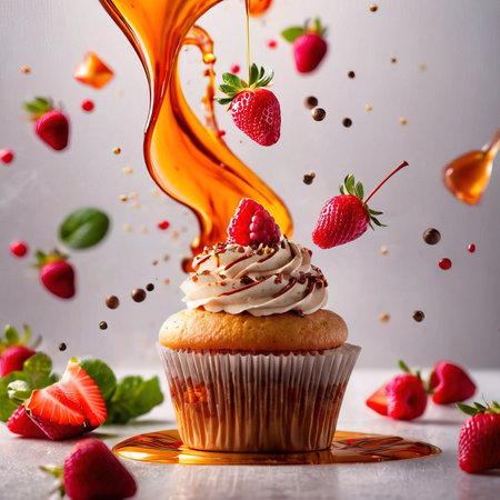 Cupcake with fresh strawberries and chocolate splashes on white backgroundの素材