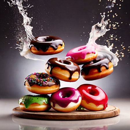 Flying donuts with splashes and drops of milk on gray backgroundの素材