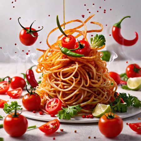 Spaghetti with chili pepper and cherry tomatoes on a light background.の素材