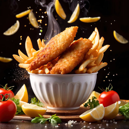 Fried fish and chips with spices and vegetables on a dark backgroundの素材