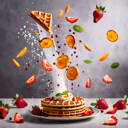 Flying waffles with flying fruits and berries on grey background, food levitation conceptの素材